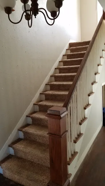A staircase with wooden steps and carpet on the bottom.
